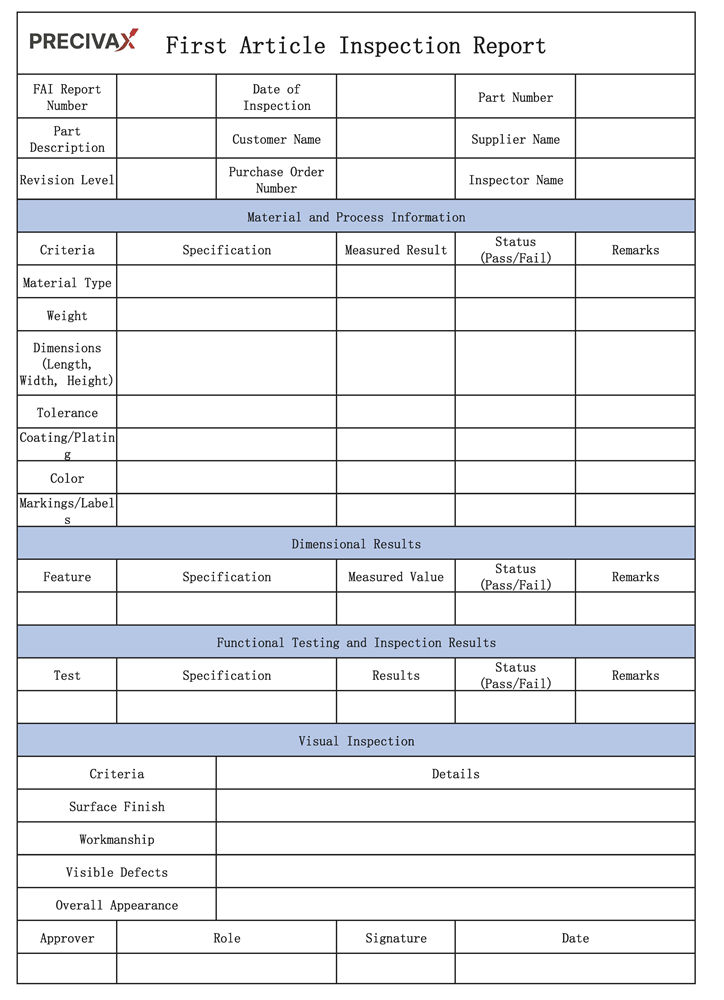 Quality Assurance first article inspection report